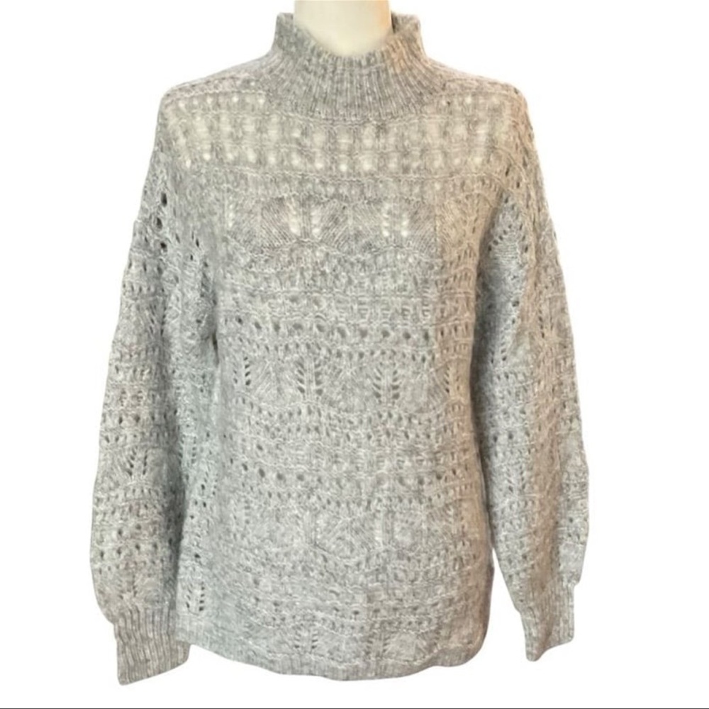 Caslon Women's Sweater XS Gray Knit Crochet Pullover Mock Neck Long Slee…